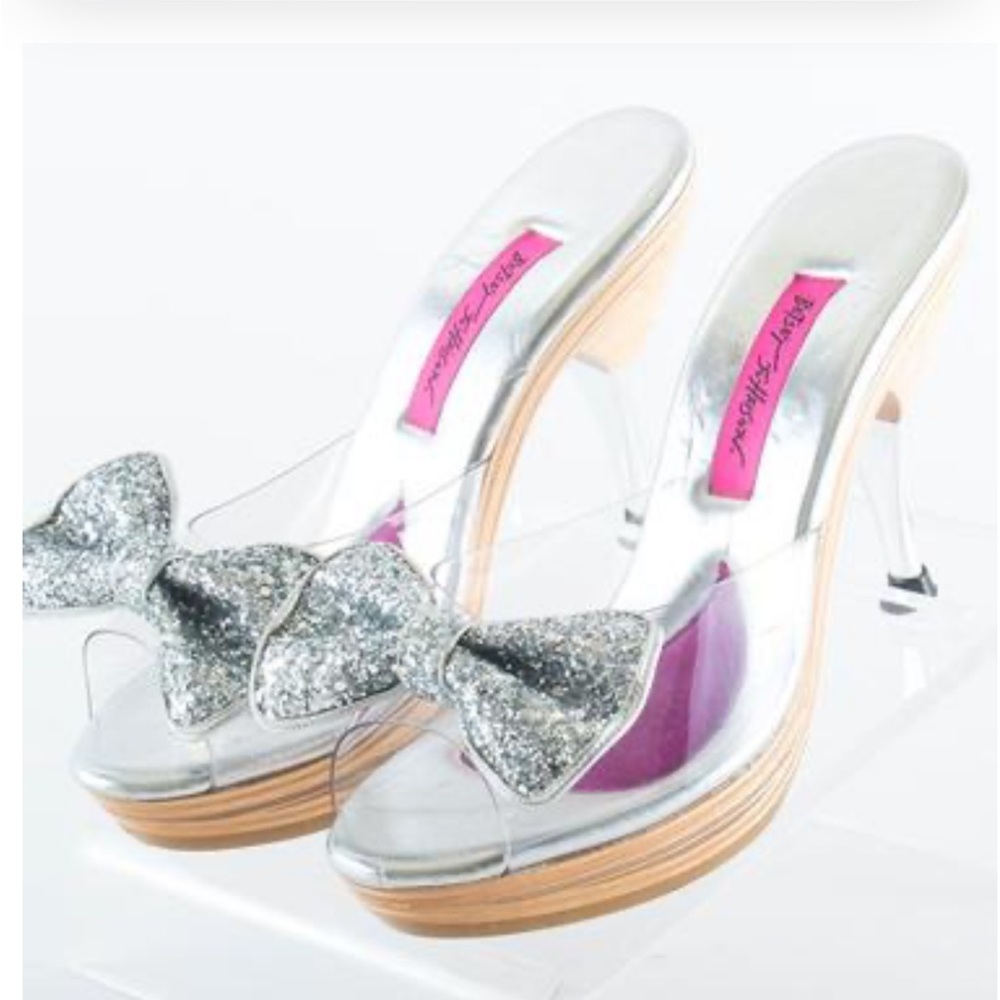 Betsey Johnson Clear Mules with Glittering Silver Bow